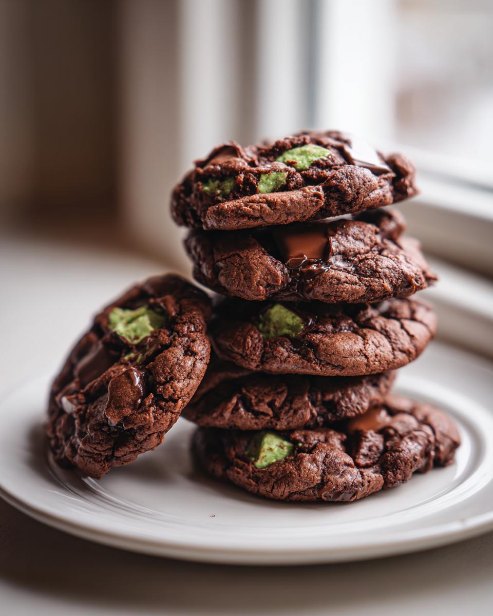 A stack of five gooey chocolate andes mint cookies featuring visible green mint pieces and melted chocolate chunks.