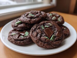 A stack of rich, dark chocolate andes mint cookies topped with melted chocolate chunks and bright green mint pieces.