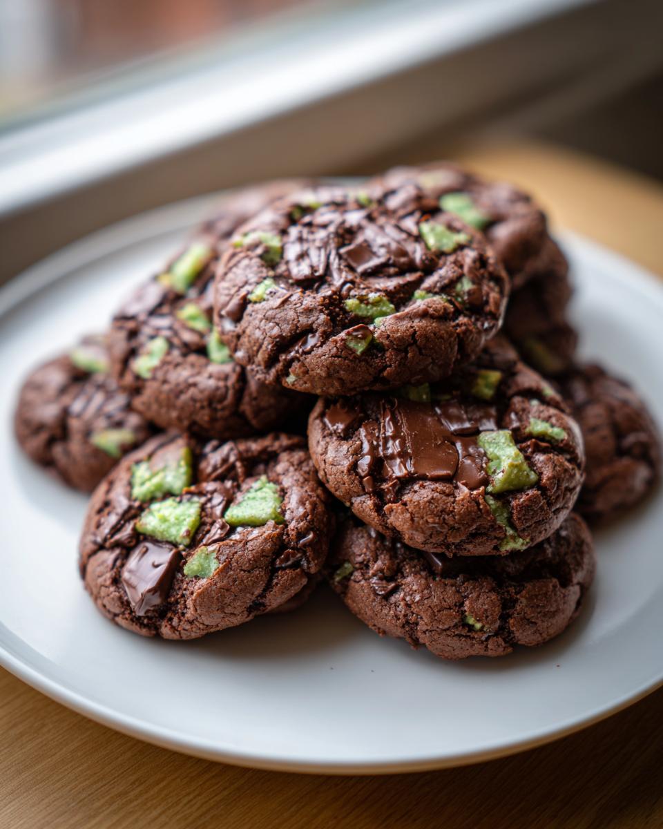 A stack of rich, dark chocolate andes mint cookies featuring bright green mint pieces and melted chocolate chunks.