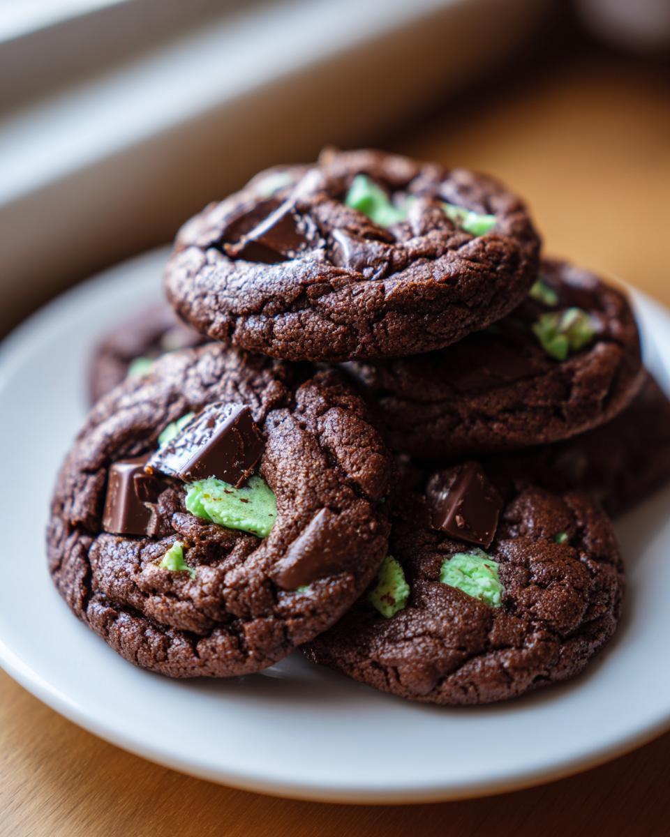 A stack of rich, dark chocolate Andes mint cookies with visible mint chips and chocolate chunks.