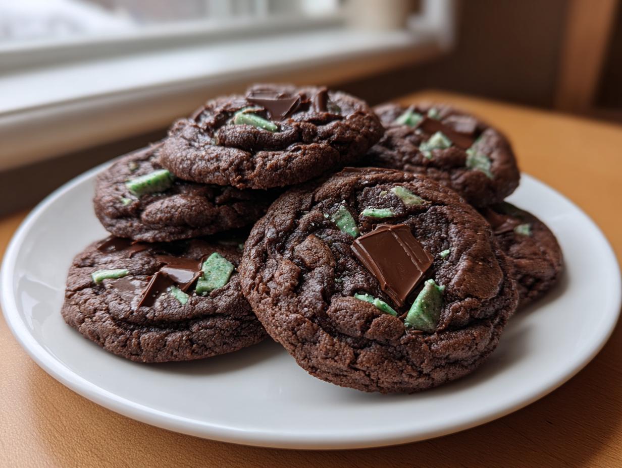 A stack of rich, dark chocolate andes mint cookies topped with melted chocolate chunks and bright green mint pieces.