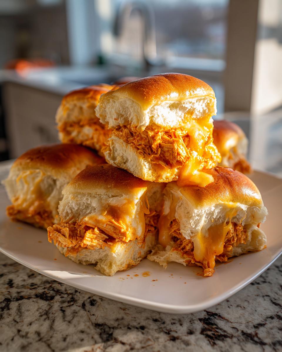 A stack of gooey, cheesy buffalo chicken sliders with shredded chicken filling, cut open to show the melted cheese.