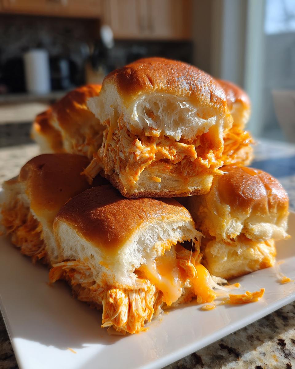 A stack of gooey buffalo chicken sliders showing melted cheese oozing out of the shredded chicken filling.