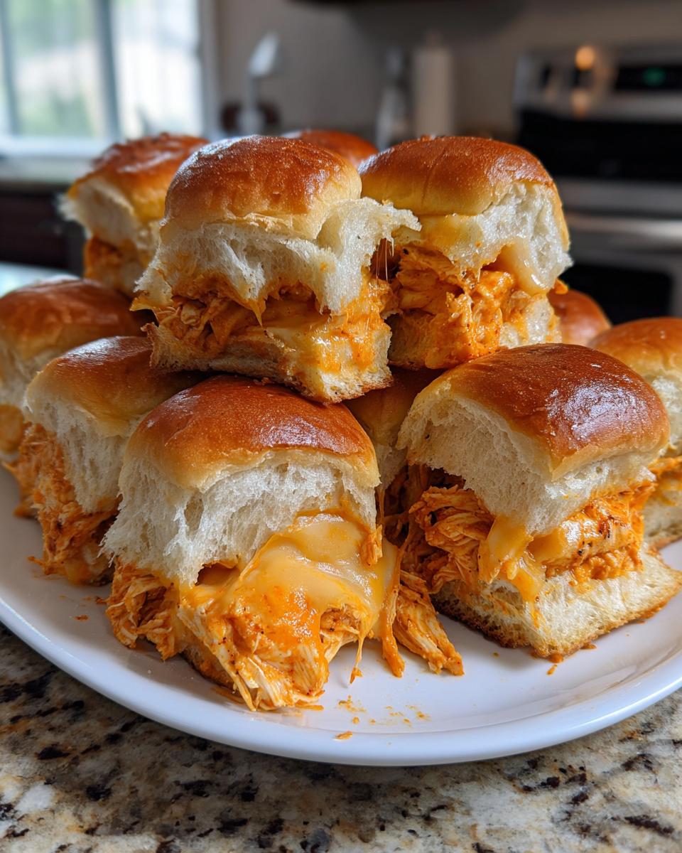 A pile of gooey, cheesy buffalo chicken sliders with shredded chicken filling on soft rolls, served on a white plate.