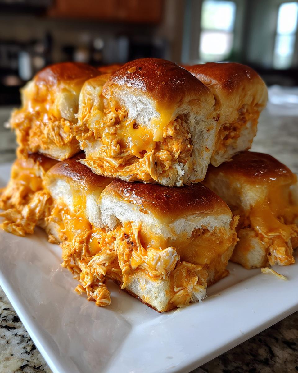 A stack of gooey, cheesy buffalo chicken sliders on soft rolls, ready to eat.