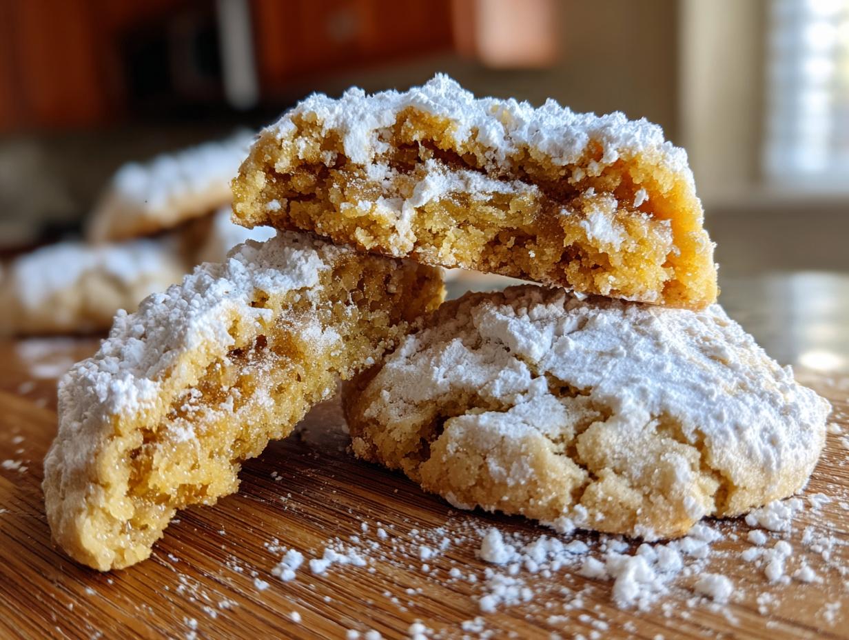 Close-up of gooey butter cookies stacked on a wooden board, heavily dusted with powdered sugar, showing the soft interior.