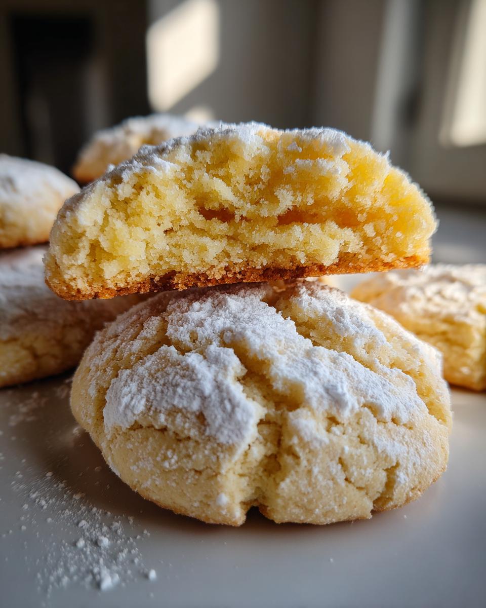 Close-up of gooey butter cookies, one broken in half showing the soft, yellow interior, dusted heavily with powdered sugar.