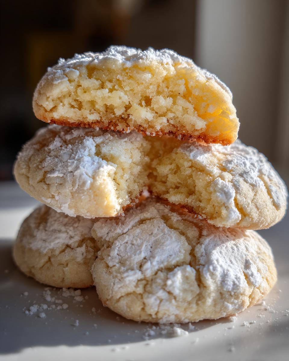 Stack of three gooey butter cookies, one broken open to show the soft interior, dusted heavily with powdered sugar.