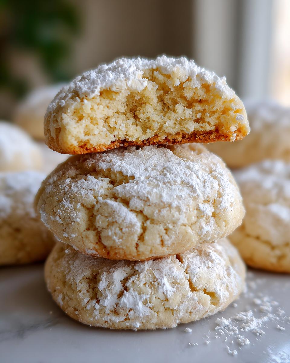 A stack of three gooey butter cookies, dusted heavily with powdered sugar, with the top cookie broken open to show the soft interior.
