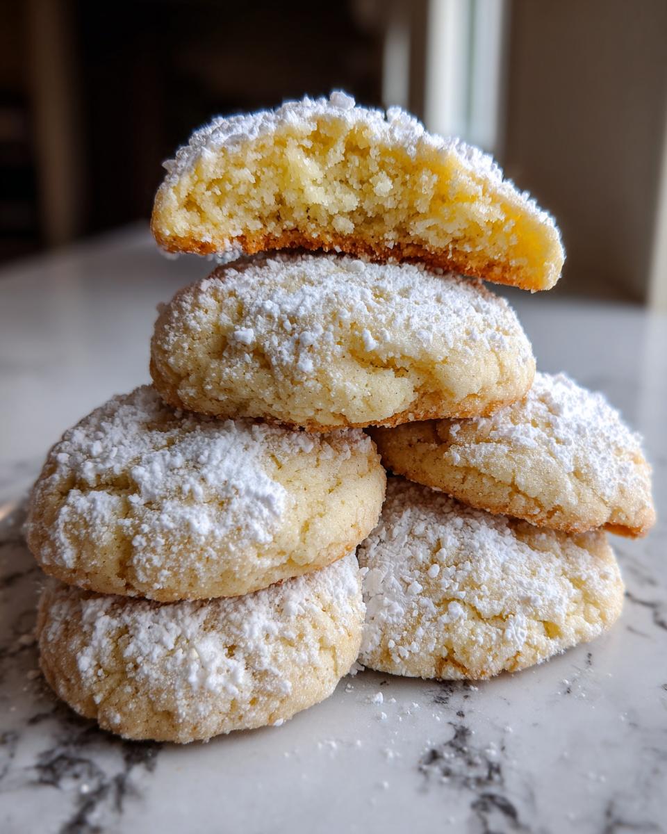 A stack of five soft, powdered sugar-dusted gooey butter cookies, with the top one broken open to show the texture.
