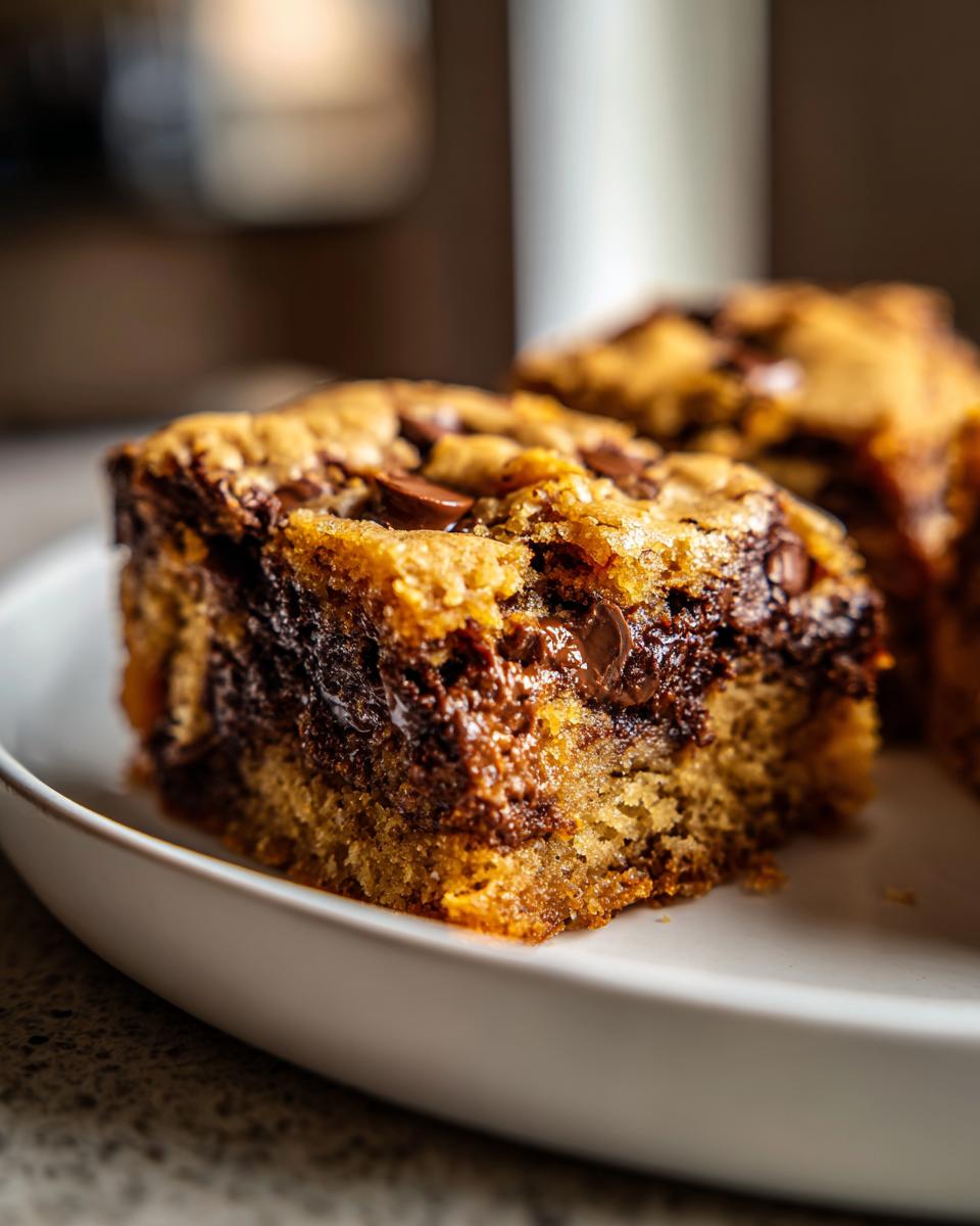 A close-up of a thick, gooey slice of chocolate chip cake mix cookie bars on a white plate.