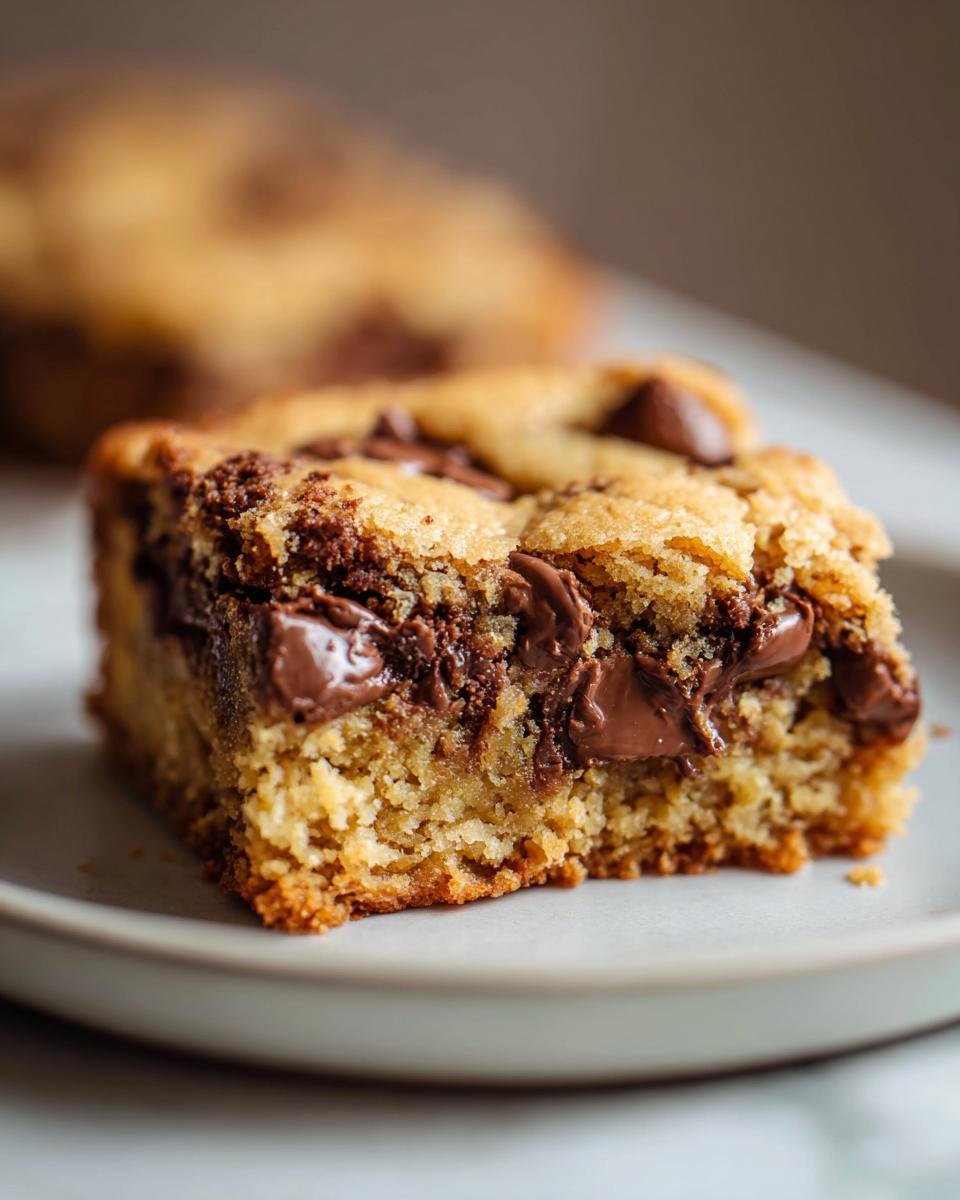 A close-up shot of a thick, fudgy square of 3-ingredient cake mix cookie bars loaded with melted chocolate chips.