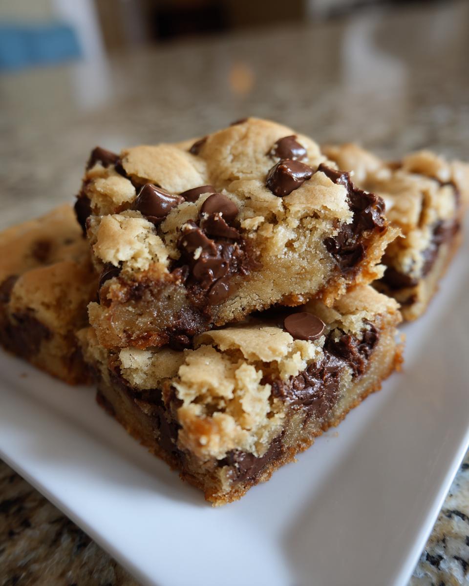 Two stacked squares of rich, gooey cake mix cookie bars loaded with melted chocolate chips.