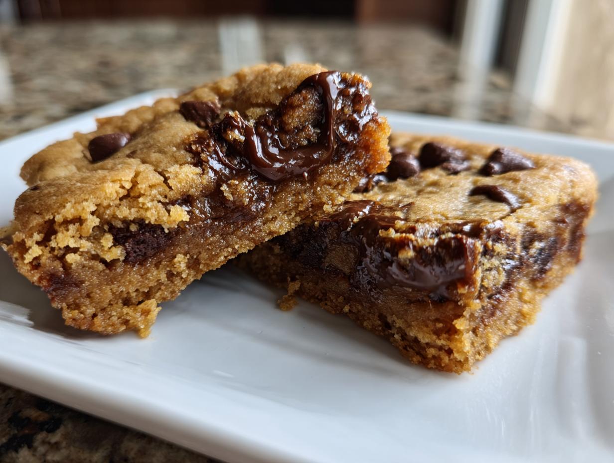 Two rich cake mix cookie bars cut in half, showing melted chocolate chips inside.