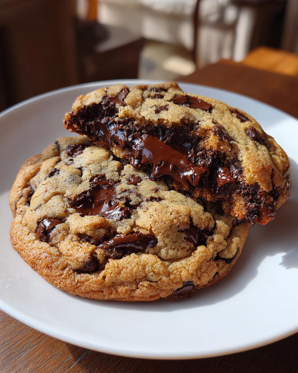 Close-up of a freshly baked chocolate chip cookie broken in half, showing a molten, gooey chocolate center.