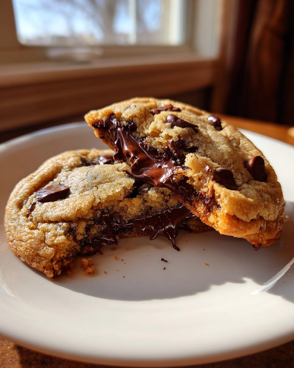 Close-up of a freshly baked chocolate chip cookie broken in half, showing gooey, melted chocolate center.