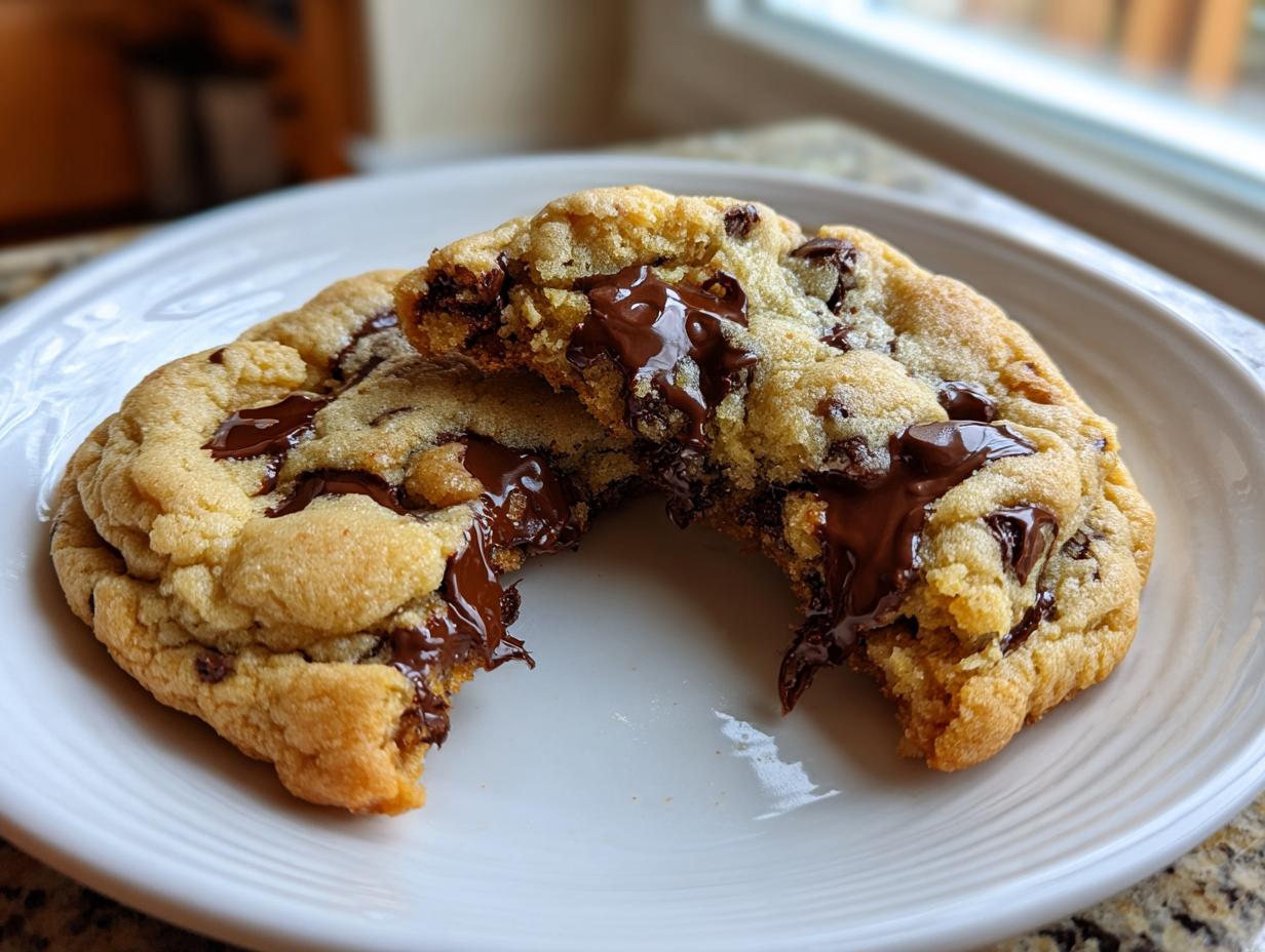 A warm, gooey chocolate chip cookie broken in half on a white plate, showing melted chocolate.