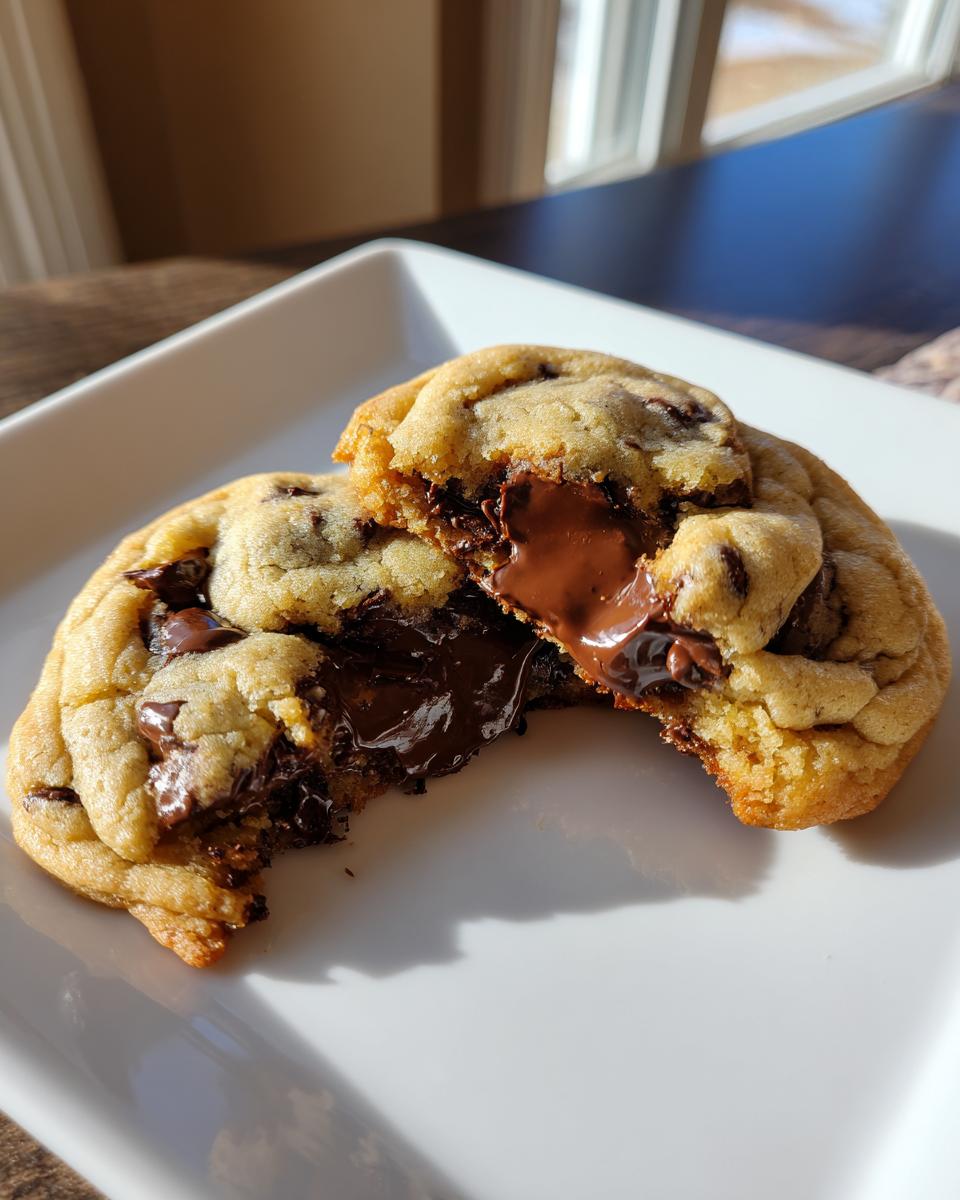 A warm chocolate chip cookie broken in half showing a gooey, melted chocolate center.