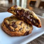 Close-up of a freshly baked chocolate chip cookie broken in half, revealing a molten, gooey chocolate center.