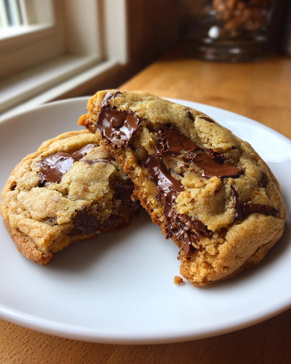 A freshly baked chocolate chip cookie broken in half, showing a gooey, melted chocolate center.