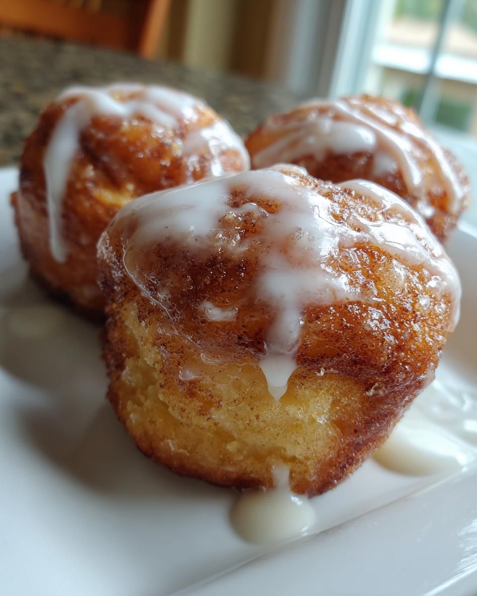 Close-up of three gooey cinnamon roll bites topped with thick white icing dripping onto a white plate.