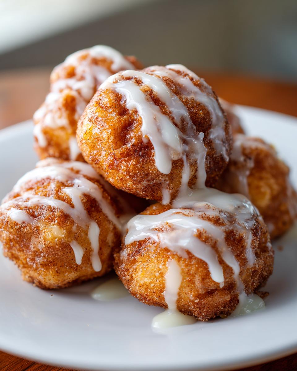 Close-up of several golden brown cinnamon roll bites stacked on a white plate, drizzled heavily with white icing.