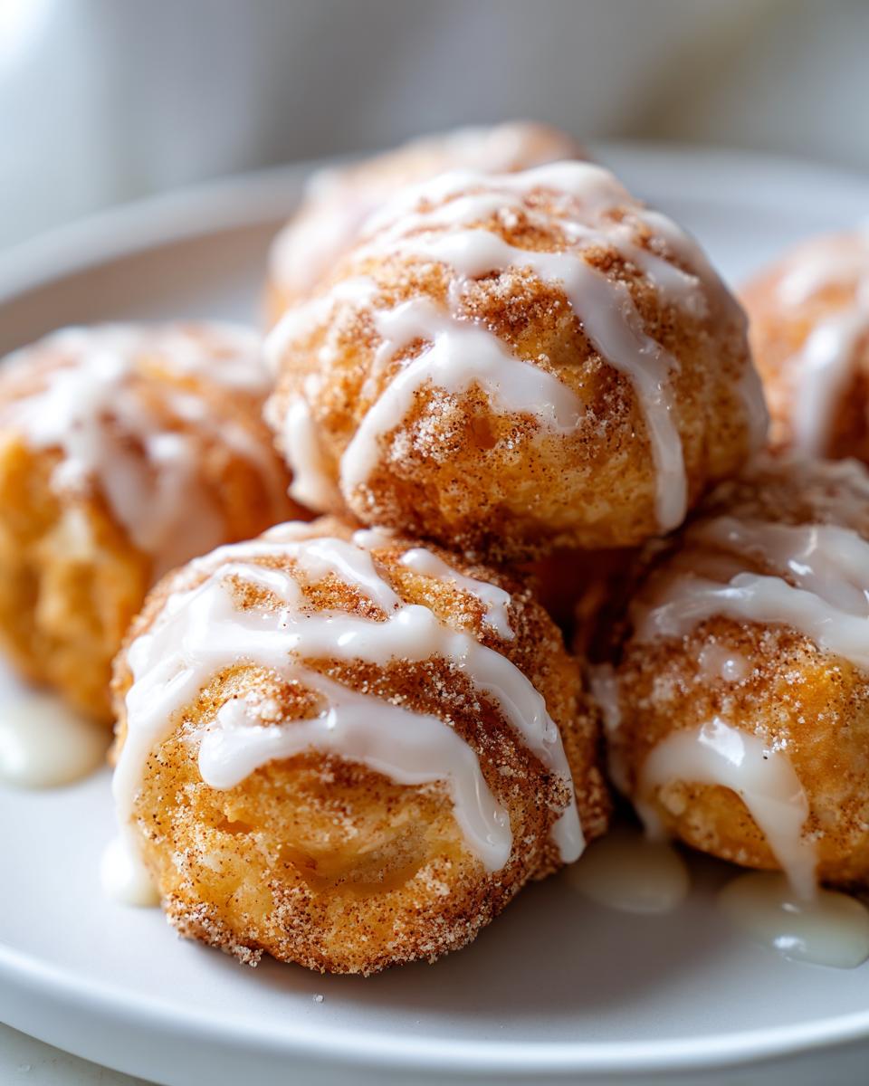 Close-up of several warm cinnamon roll bites coated in cinnamon sugar and drizzled with white icing.