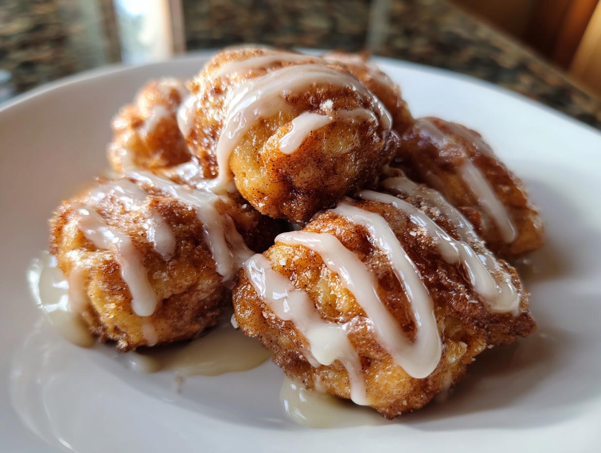 Close-up of several warm cinnamon roll bites piled on a white plate, generously drizzled with white icing.
