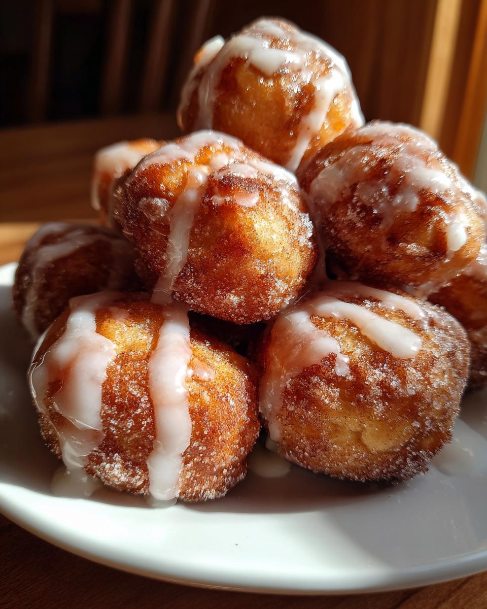 A stack of golden brown, sugar-coated cinnamon roll bites drizzled with white icing.