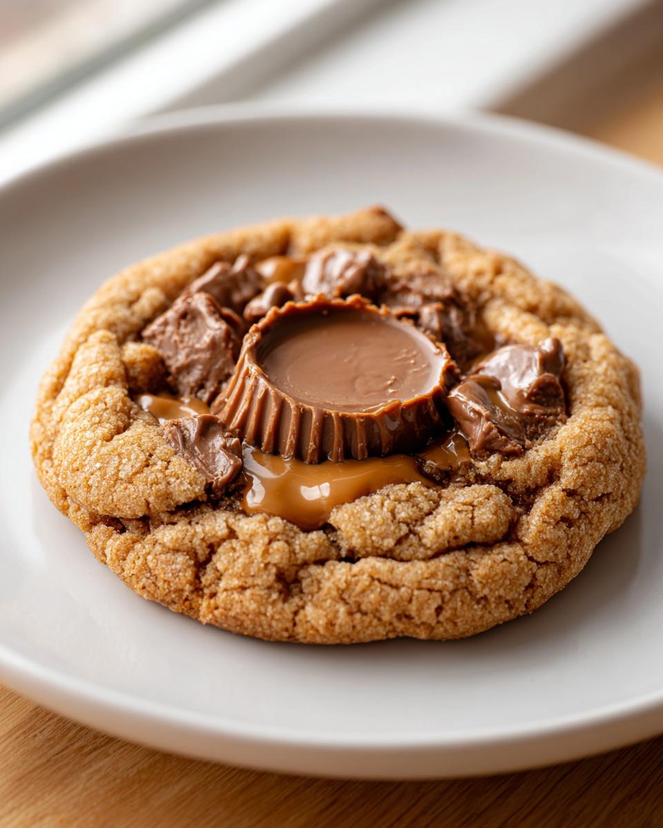 Close-up of a warm peanut butter cup cookies, featuring a melted peanut butter cup center and chunks on a white plate.