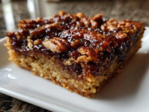 A close-up, cross-section view of a rich, gooey pecan pie cookies bar on a white plate.