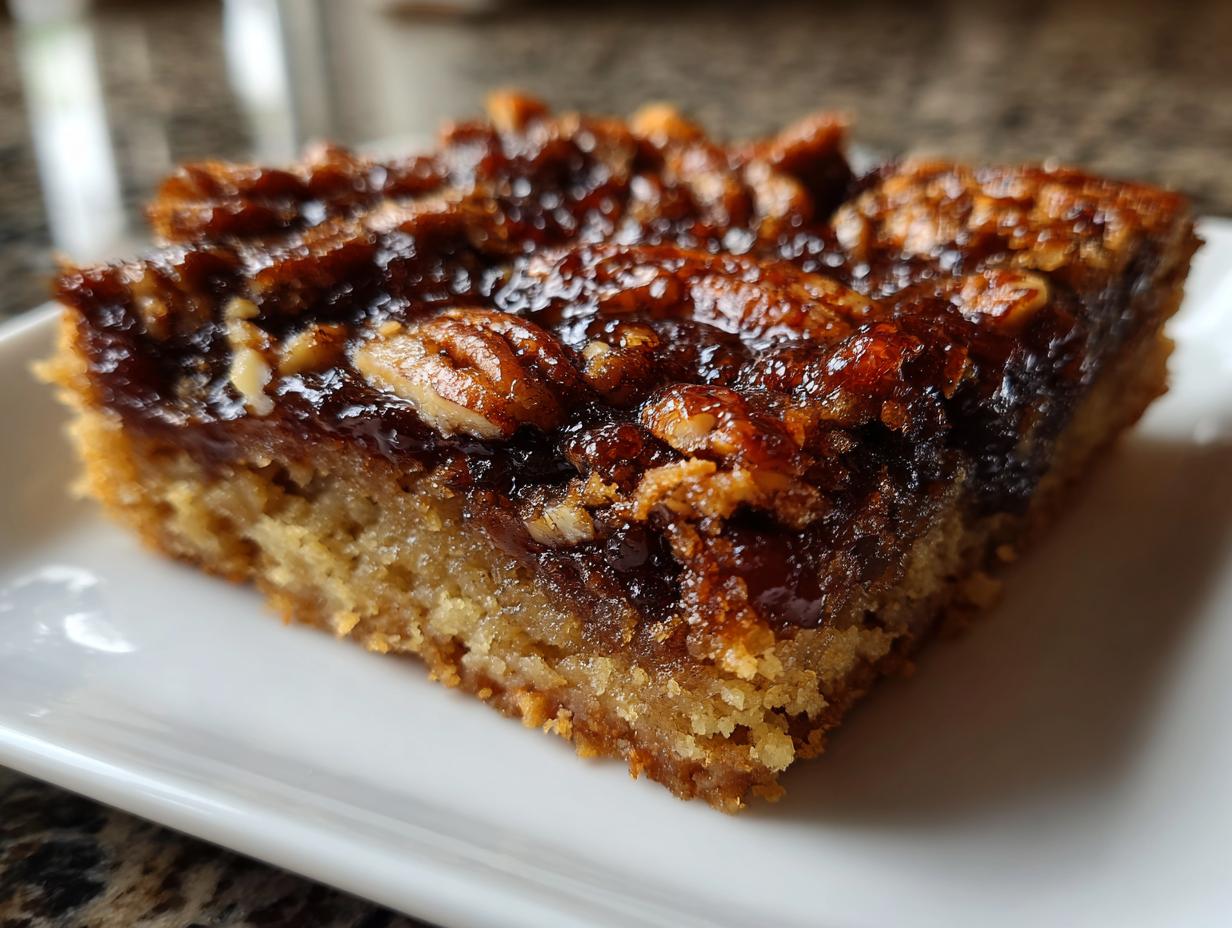 A close-up, cross-section view of a rich, gooey pecan pie cookies bar on a white plate.
