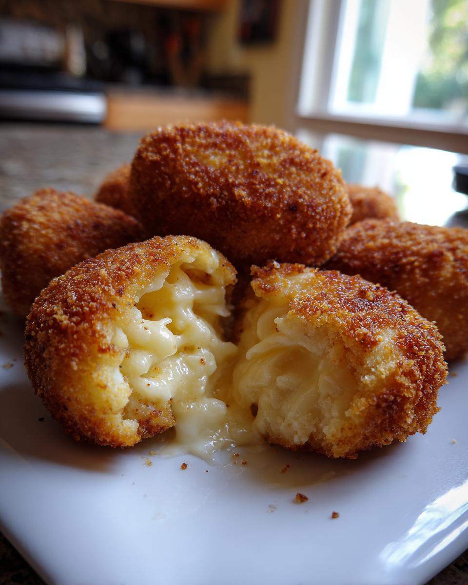 Close-up of golden brown potato croquettes, one broken open revealing a creamy, cheesy interior.