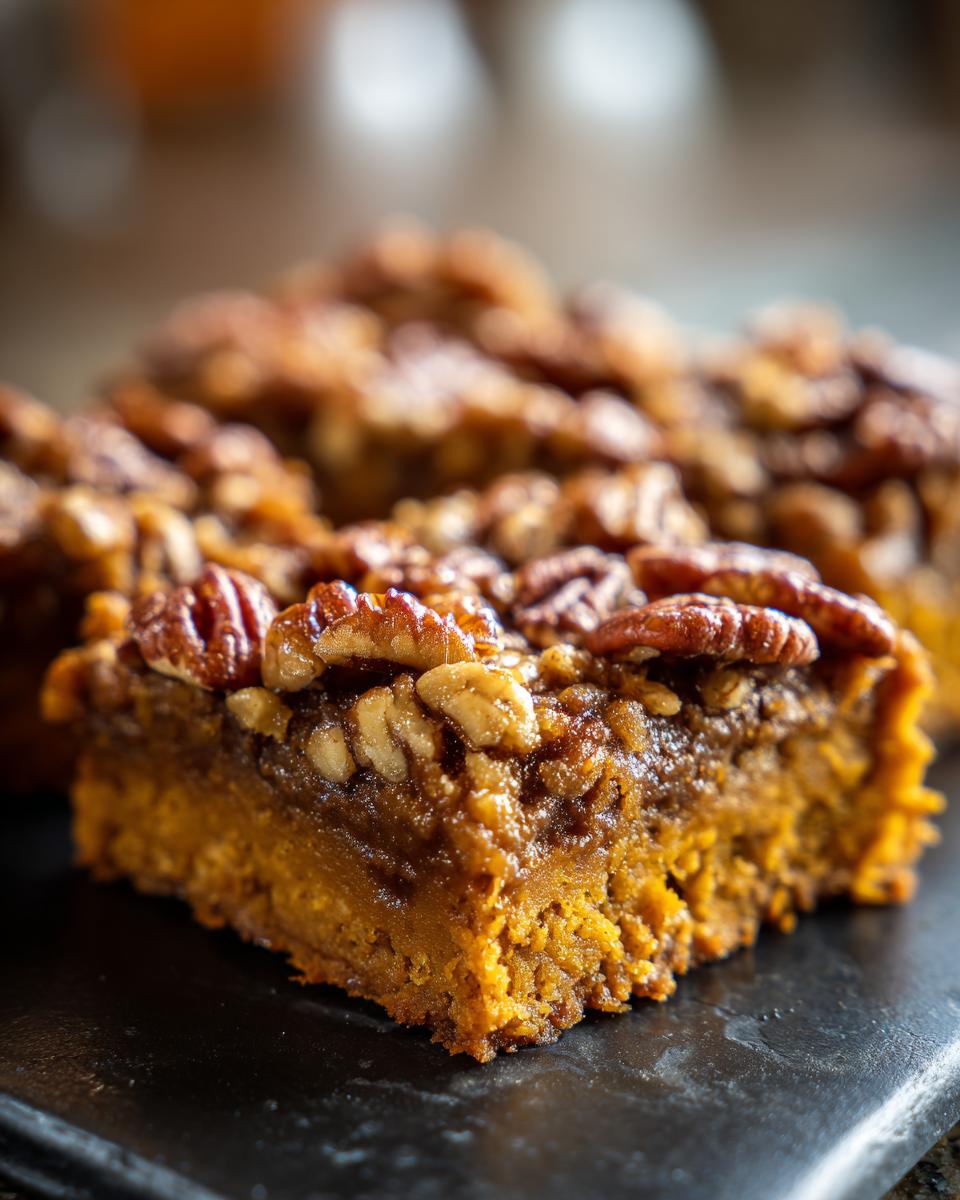 Close-up of a gooey pumpkin pecan cobbler bar showing the thick pumpkin base and pecan topping.