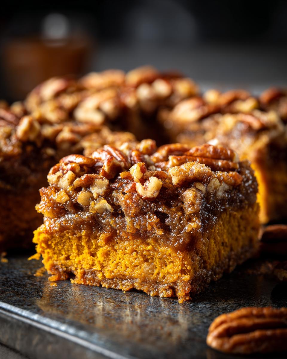 Close-up of a rich, orange slice of pumpkin pecan cobbler topped with a sticky, caramelized pecan layer.
