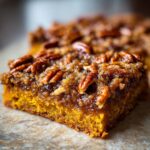 Close-up of a gooey slice of pumpkin pecan cobbler, topped with caramelized pecans.