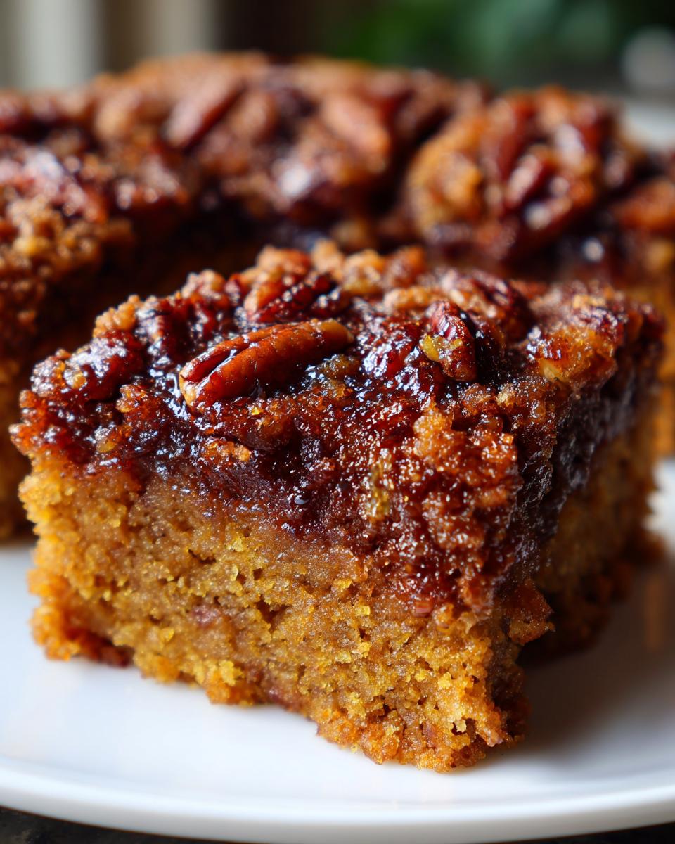 Close-up of a moist slice of pumpkin pecan cobbler with a sticky, caramelized pecan topping.