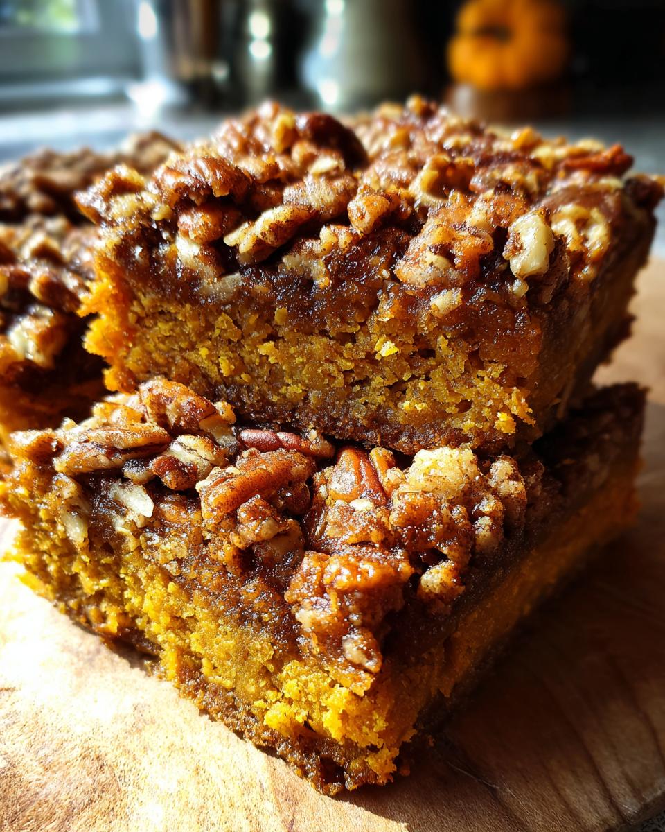 Close-up of two stacked squares of gooey pumpkin pecan cobbler with a thick pecan topping.