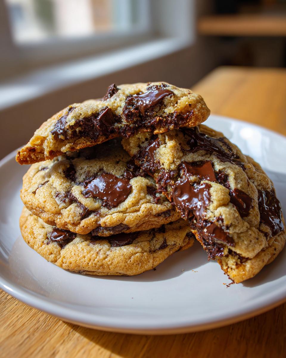 A stack of freshly baked vegan chocolate chip cookies with melted chocolate centers, one cookie broken open.
