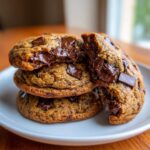 A stack of three gooey vegan chocolate chip cookies, with the top one broken open revealing melted chocolate.
