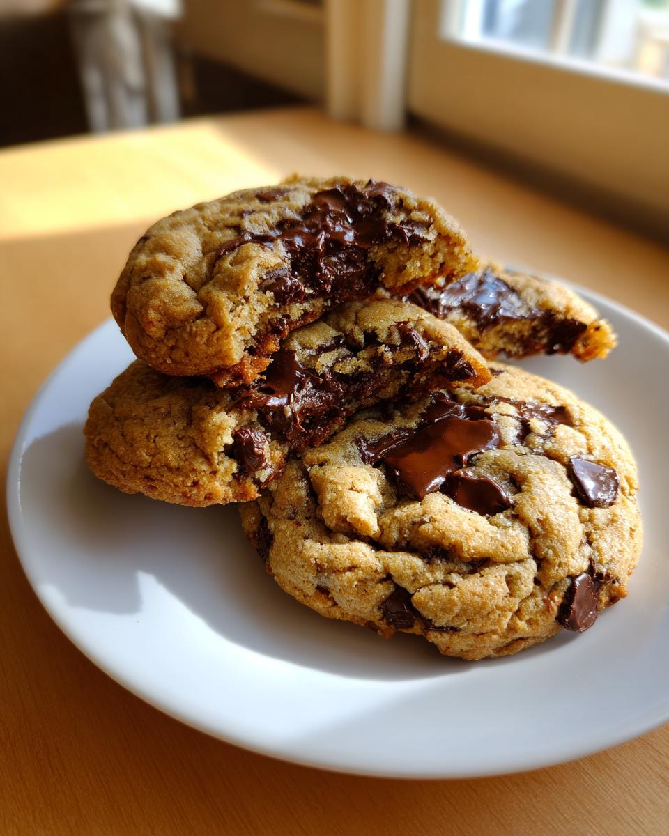 Close-up of gooey vegan chocolate chip cookies stacked on a white plate, showing melted chocolate chips.