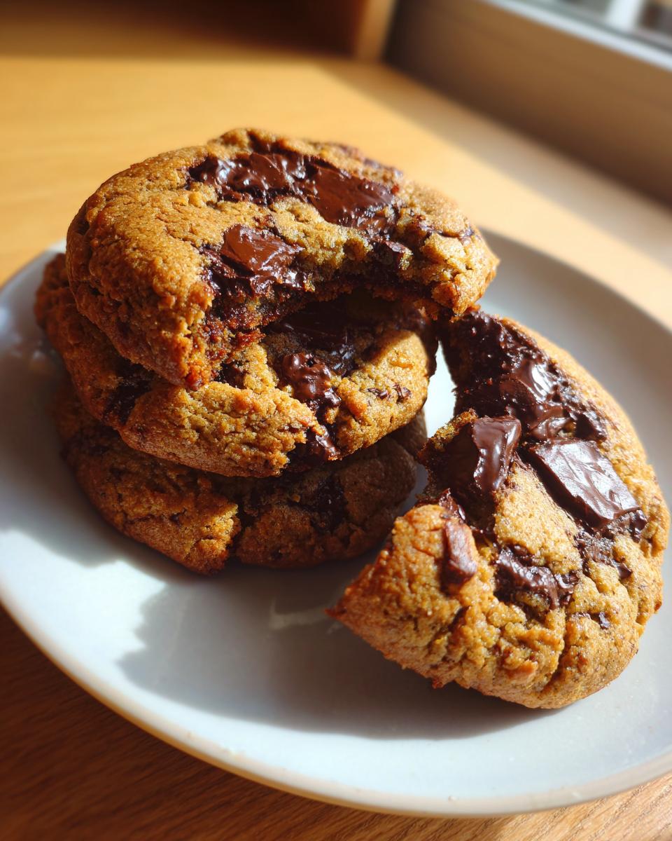 A stack of gooey vegan chocolate chip cookies with melted chocolate chunks, one broken open.