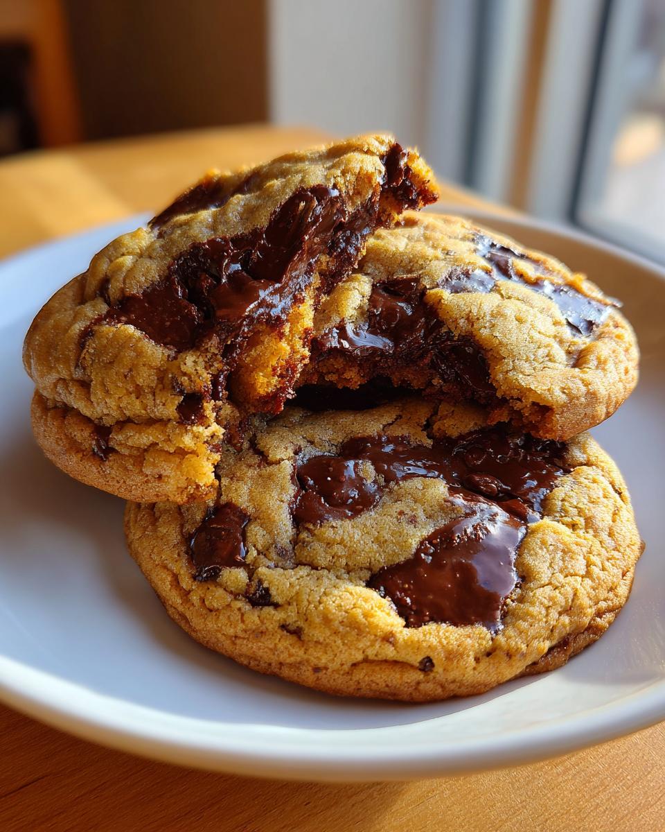 Close-up of two amazing vegan chocolate chip cookies stacked, showing a gooey, melted chocolate center.