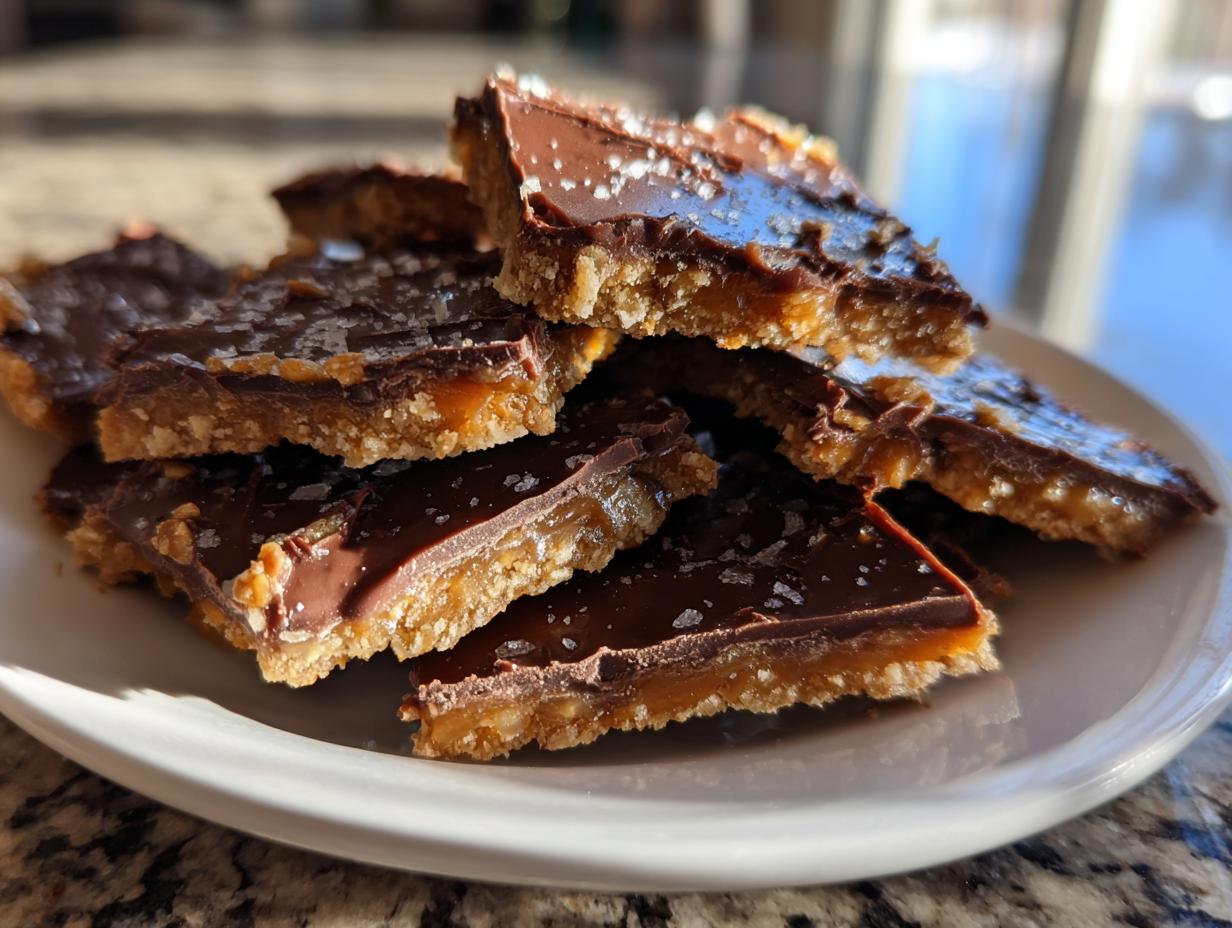 A stack of rich graham cracker toffee squares topped with melted chocolate and sea salt flakes.