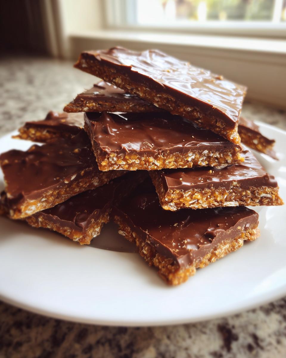 A stack of homemade graham cracker toffee squares topped with shiny melted chocolate on a white plate.