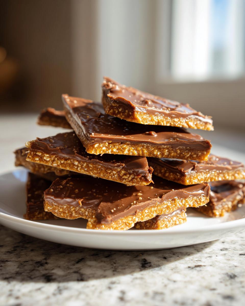 A stack of homemade graham cracker toffee pieces with a thick chocolate topping on a white plate.