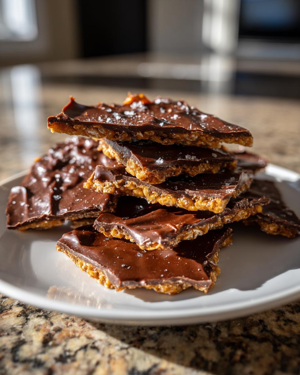 A stack of broken pieces of graham cracker toffee topped with melted chocolate and coarse sea salt.