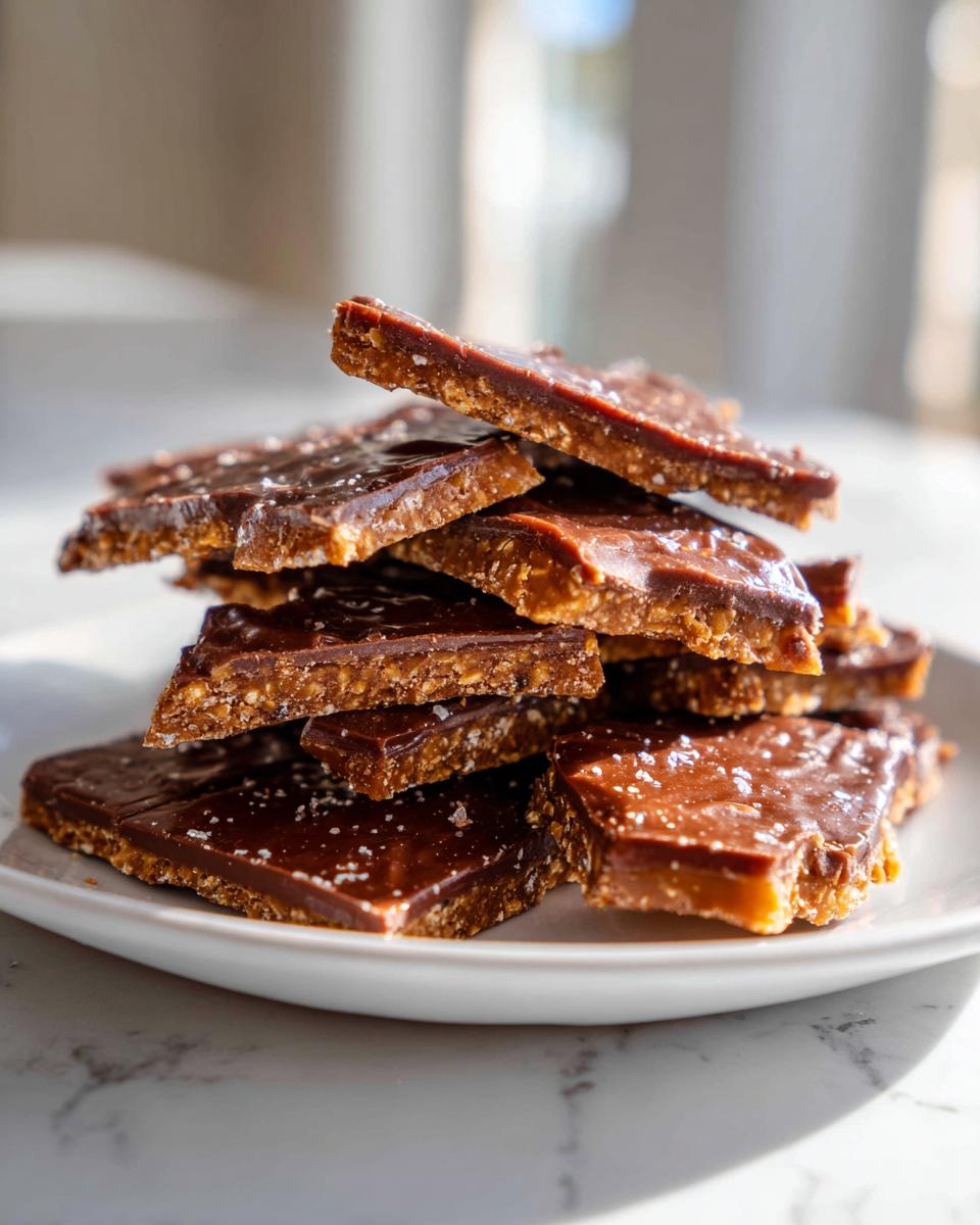 A stack of broken pieces of graham cracker toffee topped with melted chocolate and sea salt flakes.