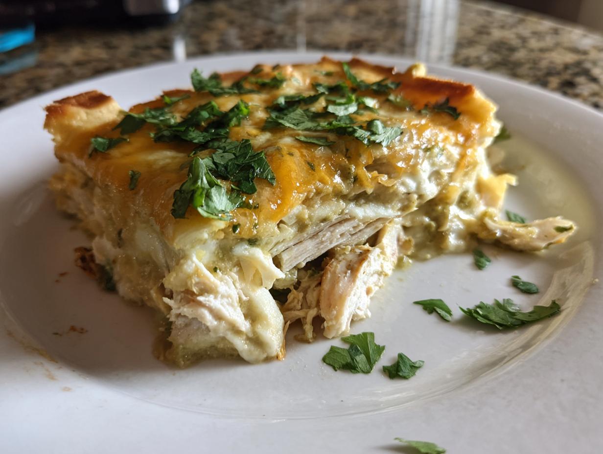 A thick slice of green chile chicken enchiladas casserole topped with melted cheese and fresh cilantro.