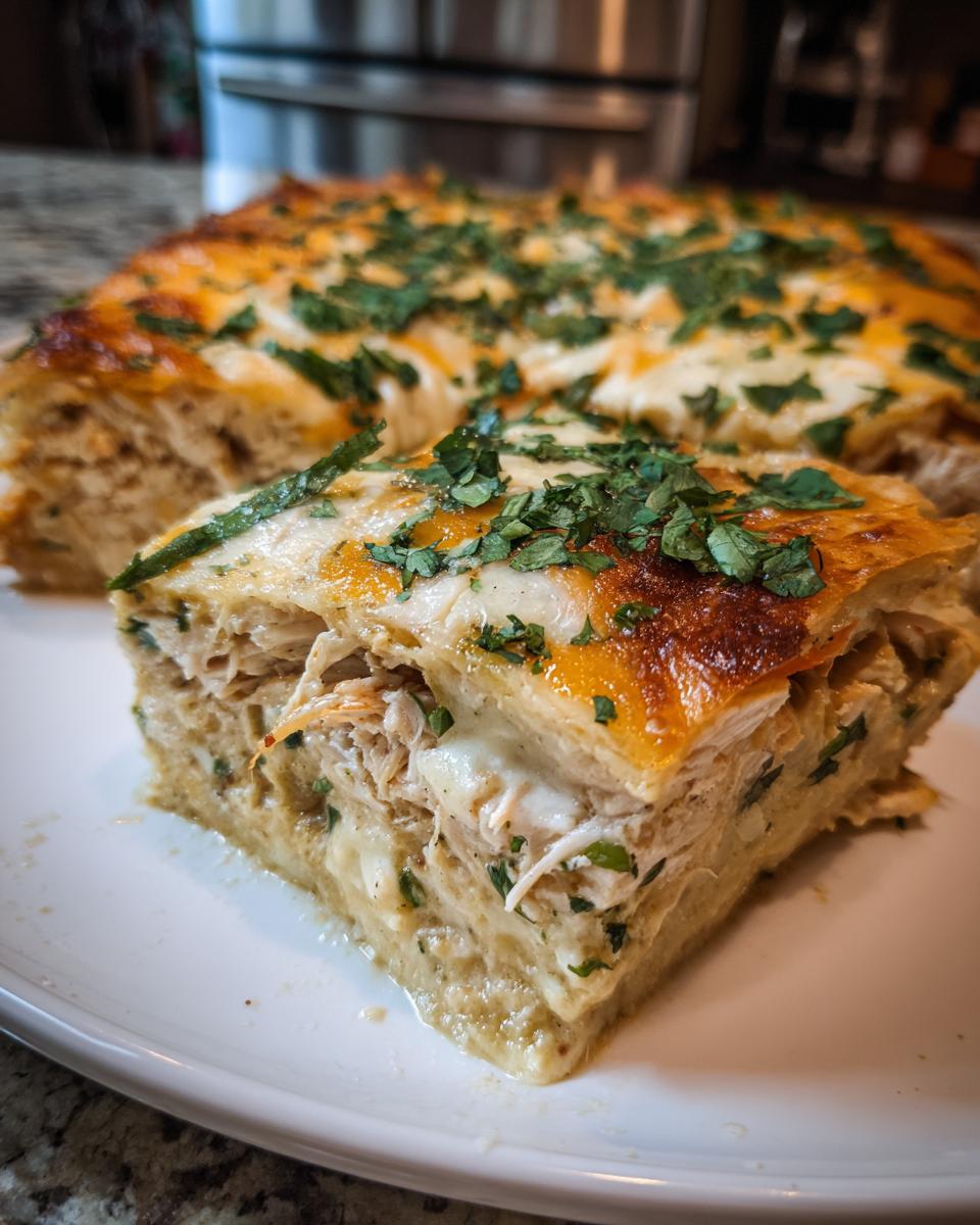A thick slice of green chile chicken enchiladas casserole, showing shredded chicken, sauce, and melted cheese topping.